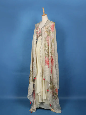 Cream Floral Embroidered Satin Skirt Top - Diadem