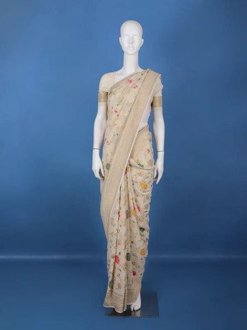 Cream Floral Embroidered Synthetic Saree With Zari Border - Diadem