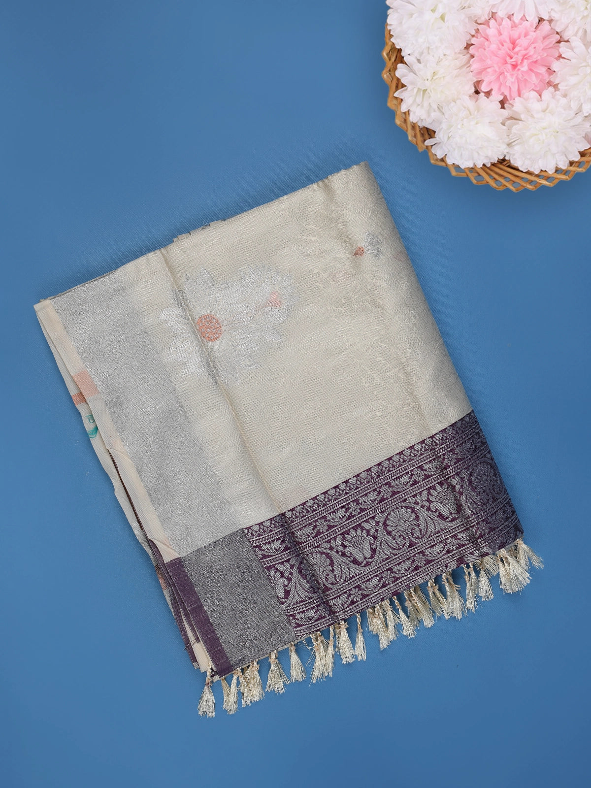 Cream Floral Woven Art Silk Saree With Contrast Silver And Purple Zari Border