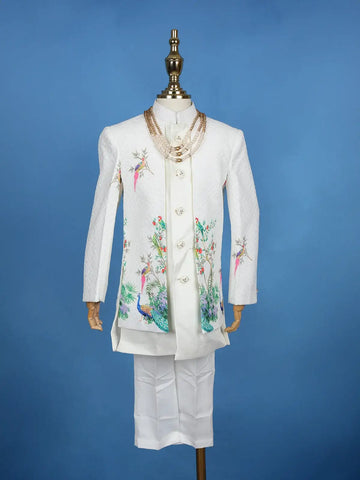Cream Peacock And Bird Print Kids Indo-Western Sherwani Set - Diadem