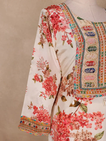 Cream White Floral Semi Tissue Salwar Suit – Elegant Ethnic Wear for Women - Diadem