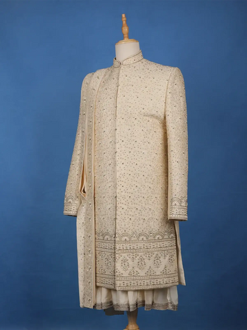 Cream White Raw Silk Floral Designed Sherwani Suit - Diadem