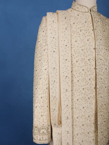 Cream White Raw Silk Floral Designed Sherwani Suit - Diadem