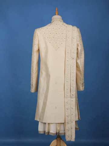 Cream White Raw Silk Floral Designed Sherwani Suit - Diadem