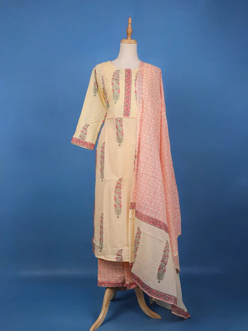 Cream Floral Design Printed Cotton Salwar Suit - Diadem