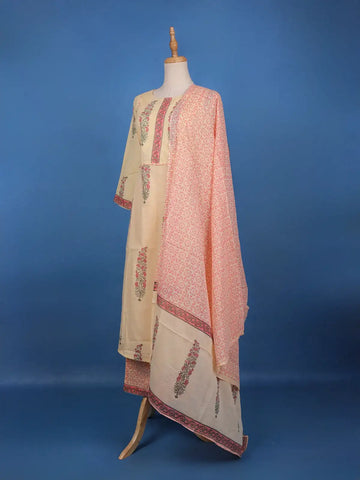 Cream Floral Design Printed Cotton Salwar Suit - Diadem