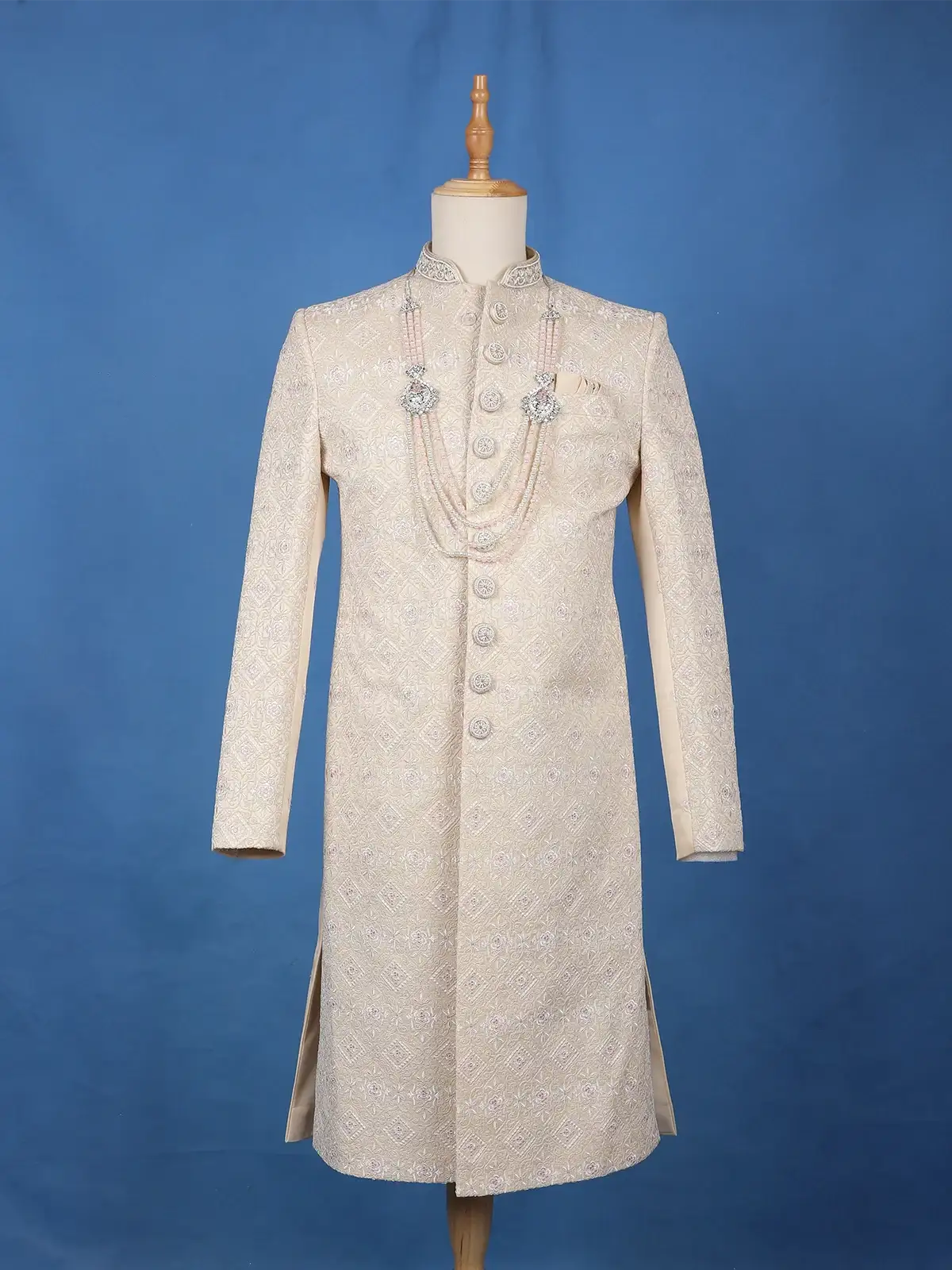 Cream Floral Embroidered Jacquard Sherwani Suit - Diadem