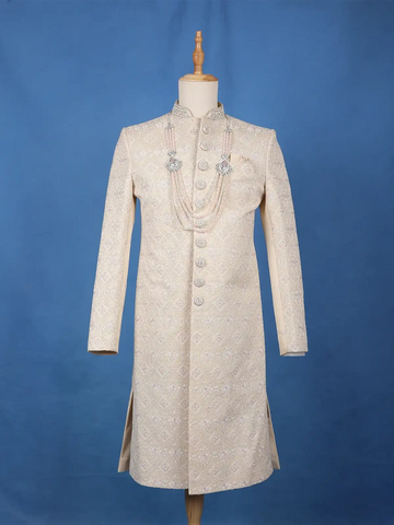 Cream Floral Embroidered Jacquard Sherwani Suit - Diadem