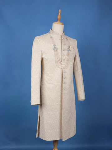Cream Floral Embroidered Jacquard Sherwani Suit - Diadem