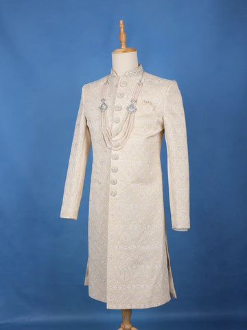 Cream Floral Embroidered Jacquard Sherwani Suit - Diadem