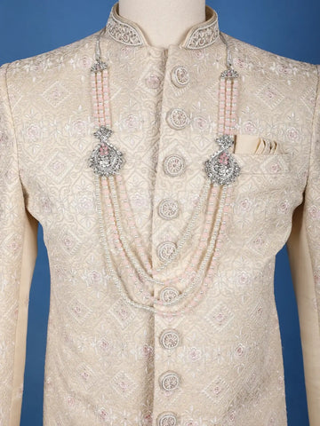 Cream Floral Embroidered Jacquard Sherwani Suit - Diadem