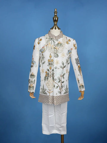 Cream Georgette Floral Embroidery Sherwani And Pant Set - Diadem