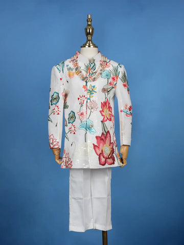 Cream Georgette Floral Embroidery Sherwani And Pant Set - Diadem