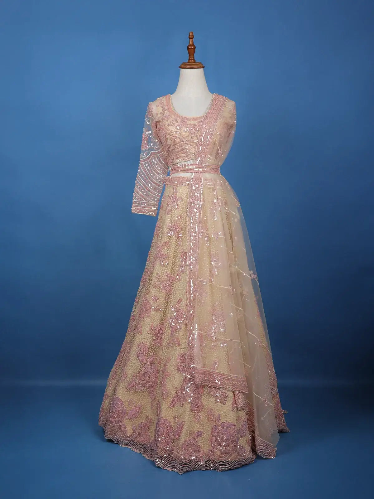 Cream Net Lehenga Embellished with Floral Sequins and Beads with Dupatta - Diadem