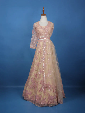 Cream Net Lehenga Embellished with Floral Sequins and Beads with Dupatta - Diadem