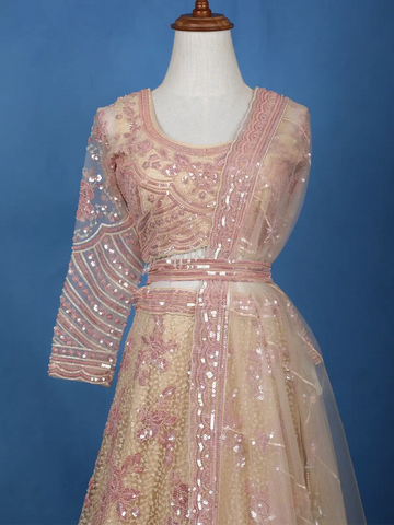 Cream Net Lehenga Embellished with Floral Sequins and Beads with Dupatta - Diadem