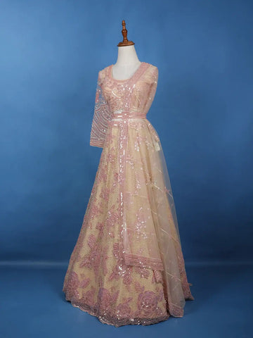 Cream Net Lehenga Embellished with Floral Sequins and Beads with Dupatta - Diadem