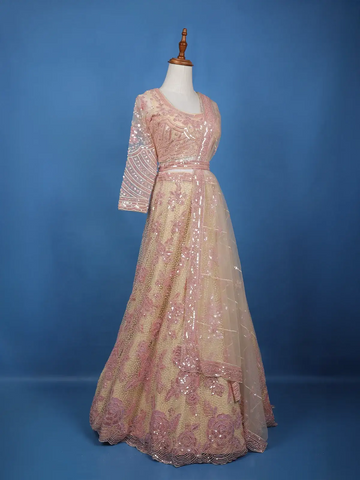 Cream Net Lehenga Embellished with Floral Sequins and Beads with Dupatta - Diadem