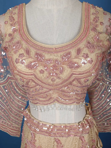 Cream Net Lehenga Embellished with Floral Sequins and Beads with Dupatta - Diadem