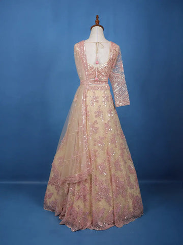 Cream Net Lehenga Embellished with Floral Sequins and Beads with Dupatta - Diadem