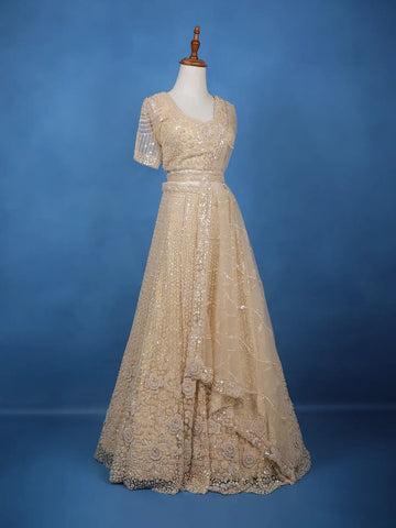 Cream Net Lehenga Embellished with Floral Sequins and Beads with Dupatta - Diadem