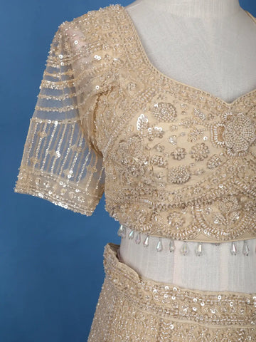 Cream Net Lehenga Embellished with Floral Sequins and Beads with Dupatta - Diadem
