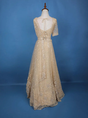 Cream Net Lehenga Embellished with Floral Sequins and Beads with Dupatta - Diadem