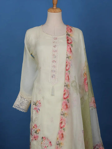 Cream White Floral Embroidery Organza Salwar Suit - Diadem