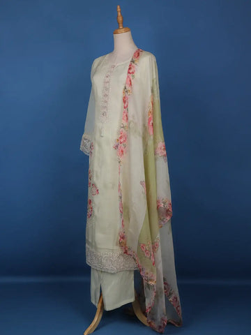 Cream White Floral Embroidery Organza Salwar Suit - Diadem