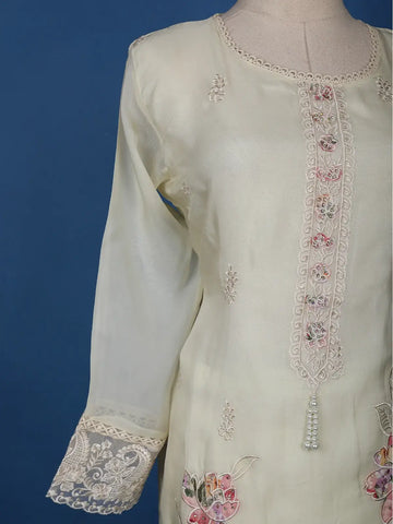 Cream White Floral Embroidery Organza Salwar Suit - Diadem