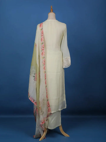 Cream White Floral Embroidery Organza Salwar Suit - Diadem