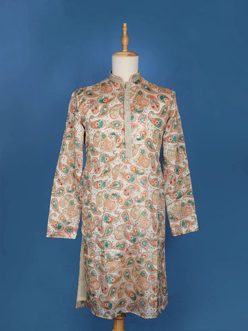 Cream White Paisley And Sequins Embroidery Semi silk Kurta Set With Pant - Diadem