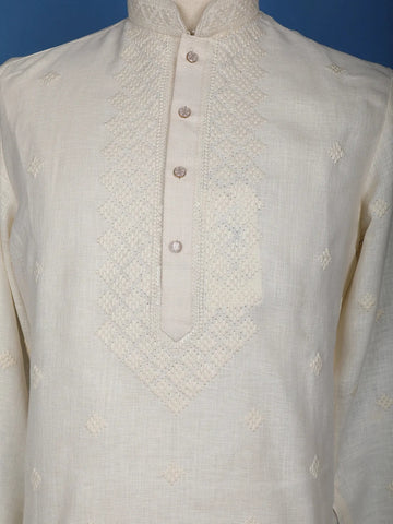 Cream White Thread Embroidery Cotton Kurta Set With Pant - Diadem