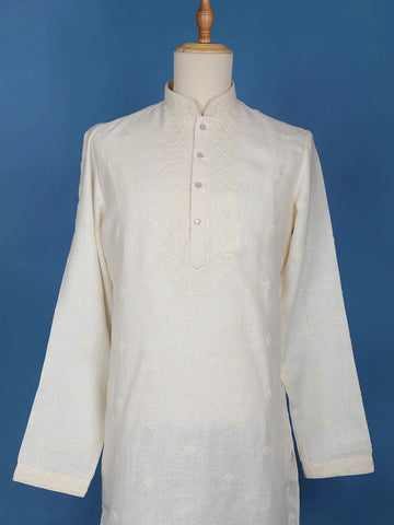 Cream White Thread Embroidery Cotton Kurta Set With Pant - Diadem