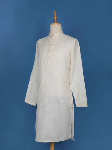 Cream White Thread Embroidery Cotton Kurta Set With Pant - Diadem
