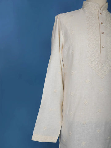Cream White Thread Embroidery Cotton Kurta Set With Pant - Diadem
