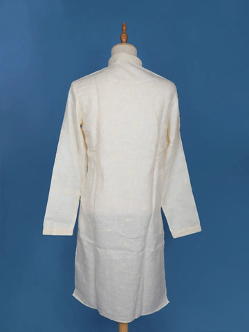 Cream White Thread Embroidery Cotton Kurta Set With Pant - Diadem