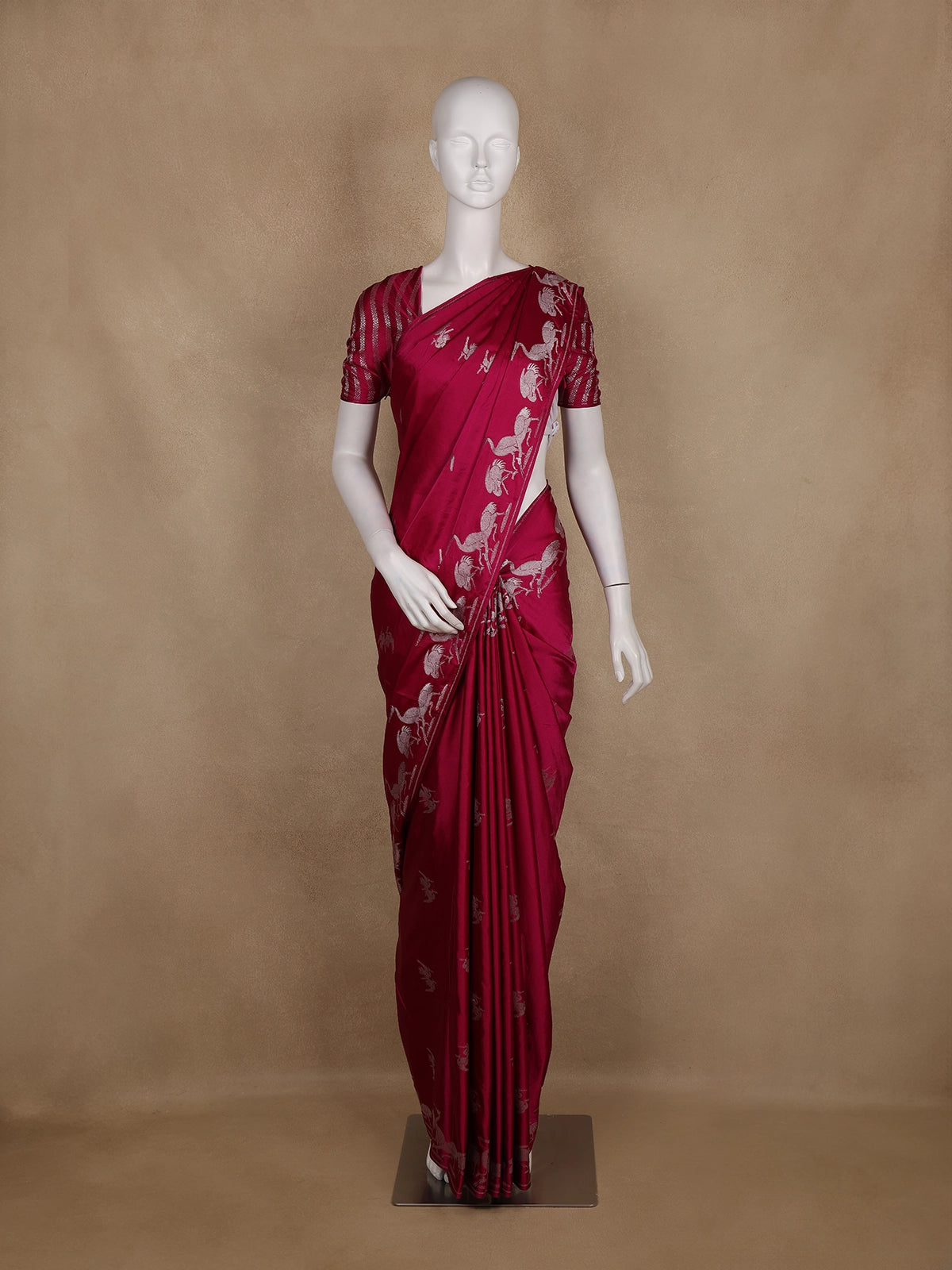 Crimson Red Birds Motif Design Semi Banarasi Silk Saree