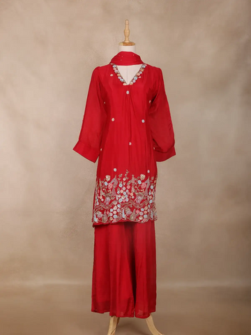 Crimson Red Floral Design Georgette Sharara Salwar Suit - Diadem