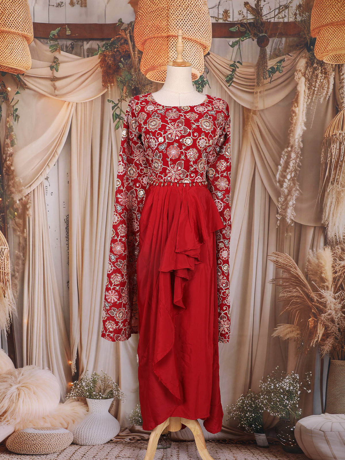 Crimson Red Floral Embroidered Design Georgette Skirt Top