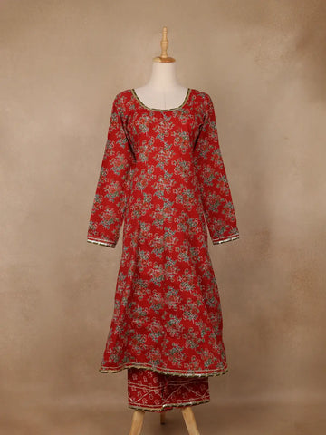 Crimson Red Floral Printed Cotton Salwar Suit - Diadem