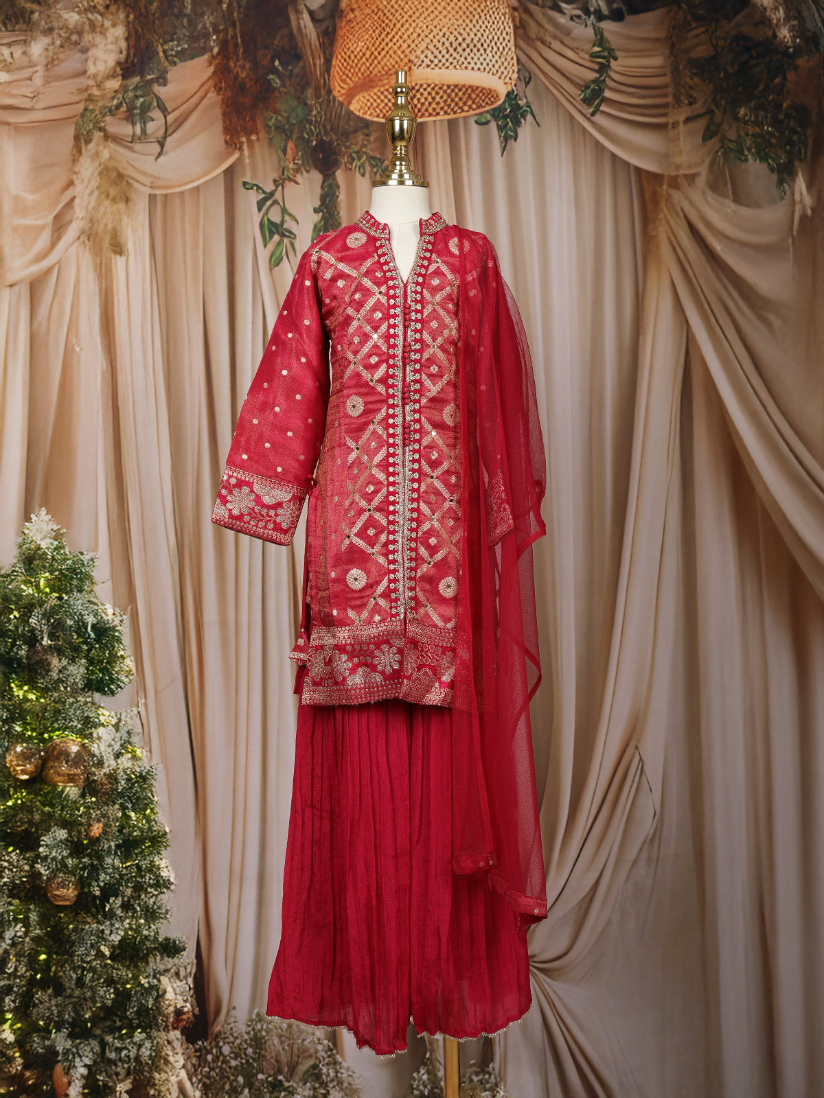 Crimson Red Mirror And Embroidered Design Tissue Silk Kids Palazzo Suit