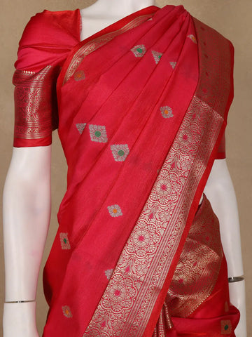 Crimson Red Floral Butta Woven Pure Kanchipuram Silk Saree - Diadem