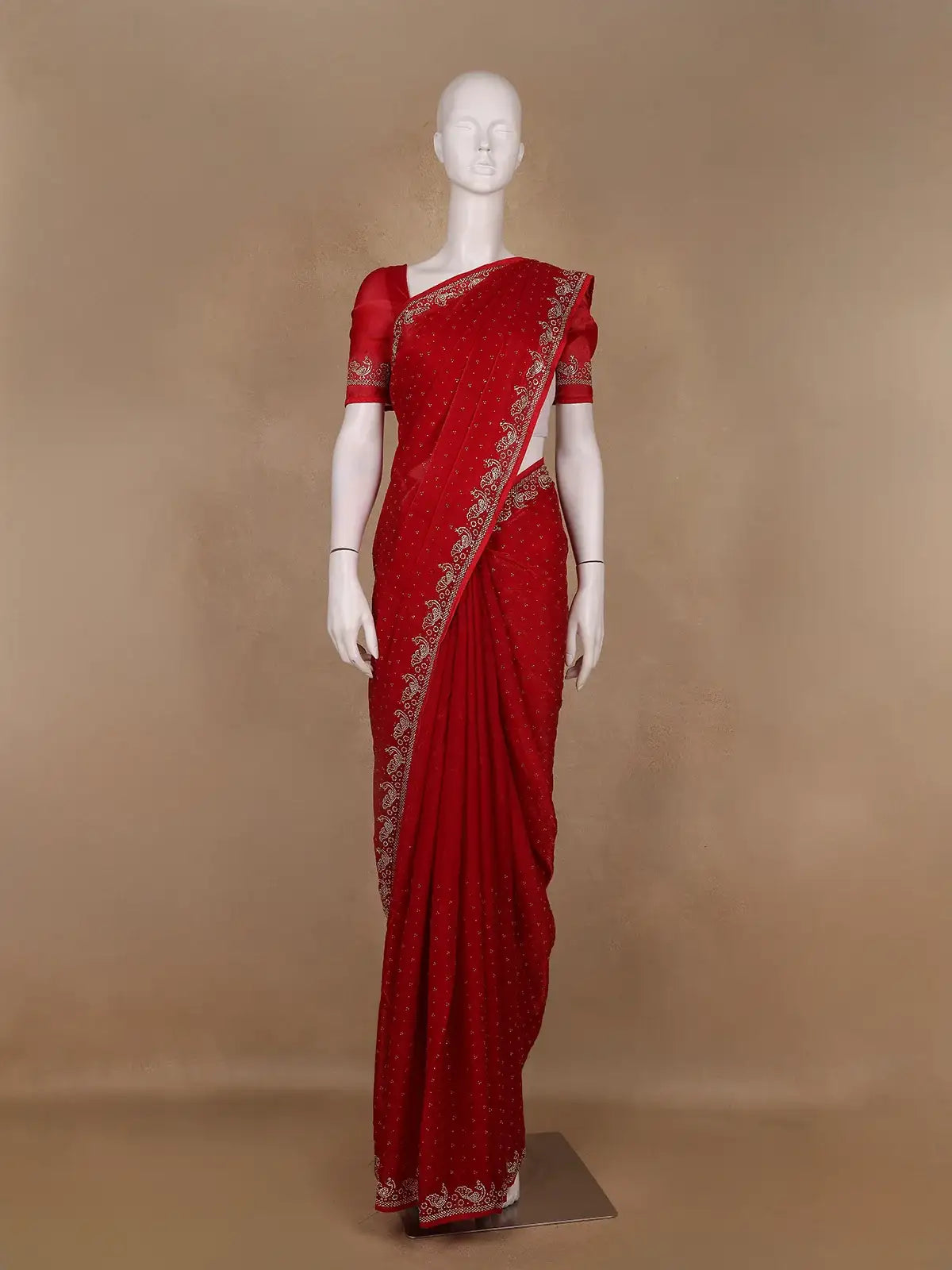 Crimson Red Stone Worked Satin Saree - Diadem