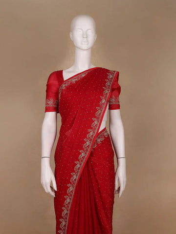 Crimson Red Stone Worked Satin Saree - Diadem