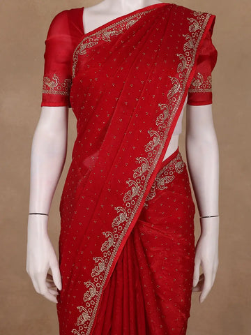 Crimson Red Stone Worked Satin Saree - Diadem