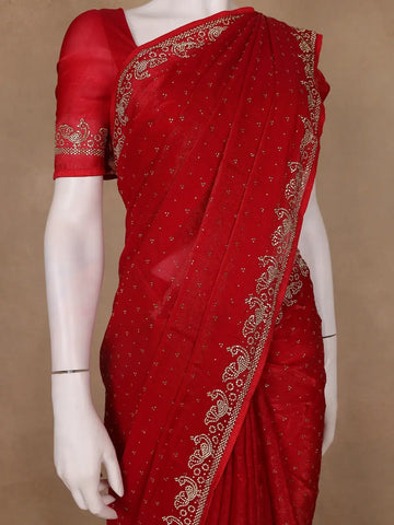 Crimson Red Stone Worked Satin Saree - Diadem