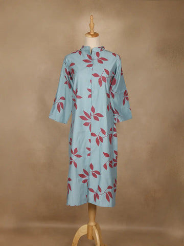 Cyan Blue Leaf Design Printed Cotton Kurti - Diadem