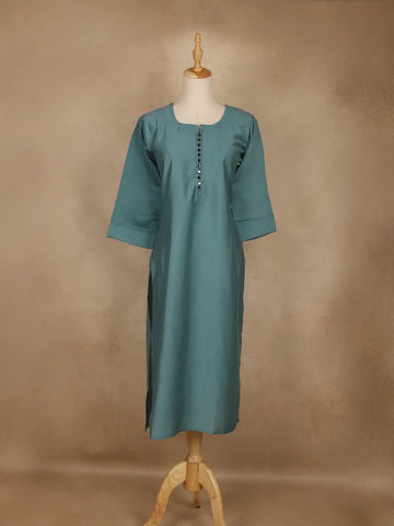 Cyan Blue Solid Cotton Kurti With Button Detailing - Diadem