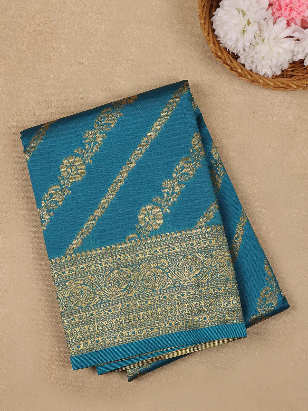 Cyan Blue Floral Design Silk Saree - Diadem